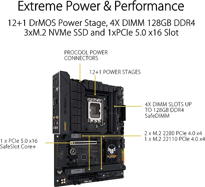 ASUS TUF Gaming B760-PLUS WiFi D4 Intel(13th and 12th Gen) LGA 1700 ATX Motherboard,PCIe 5.0,3xPCIe 4.0 M.2 Slots,DDR4,2.5Gb LAN,USB 3.2 Gen 2x2 Type-C,Front USB 3.2 Gen 2 Type-C®, Thunderbolt(USB4®) ASUS TUF Gaming B760-PLUS WiFi D4 Intel(13th and 12th Gen) LGA 1700 ATX Motherboard,PCIe 5.0,3xPCIe 4.0 M.2 Slots,DDR4,2.5Gb LAN,USB 3.2 Gen 2x2 Type-C,Front USB 3.2 Gen 2 Type-C®, Thunderbolt(USB4®)
